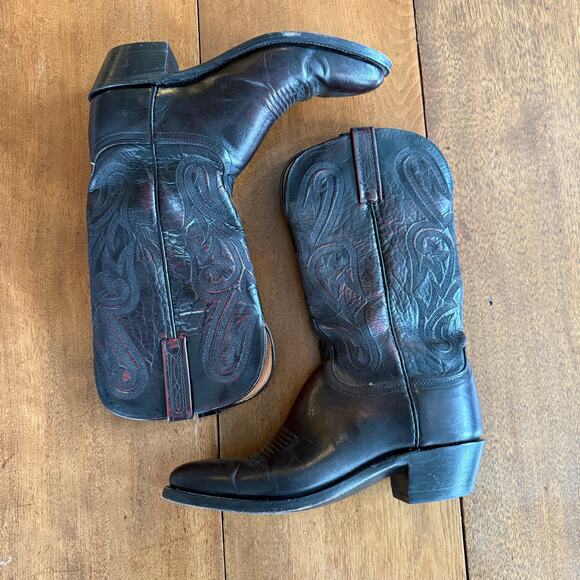 Lucchese 1883 Leather Cowboy Boots Wide Width Mens Western 8.5 Black Cherry Red - Picture 4 of 16